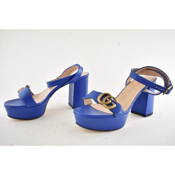 Gucci Marmont Blue Leather Gold G Logo Block Heel Ankle Strap Platform Sandal 36 - Picture 10 of 12
